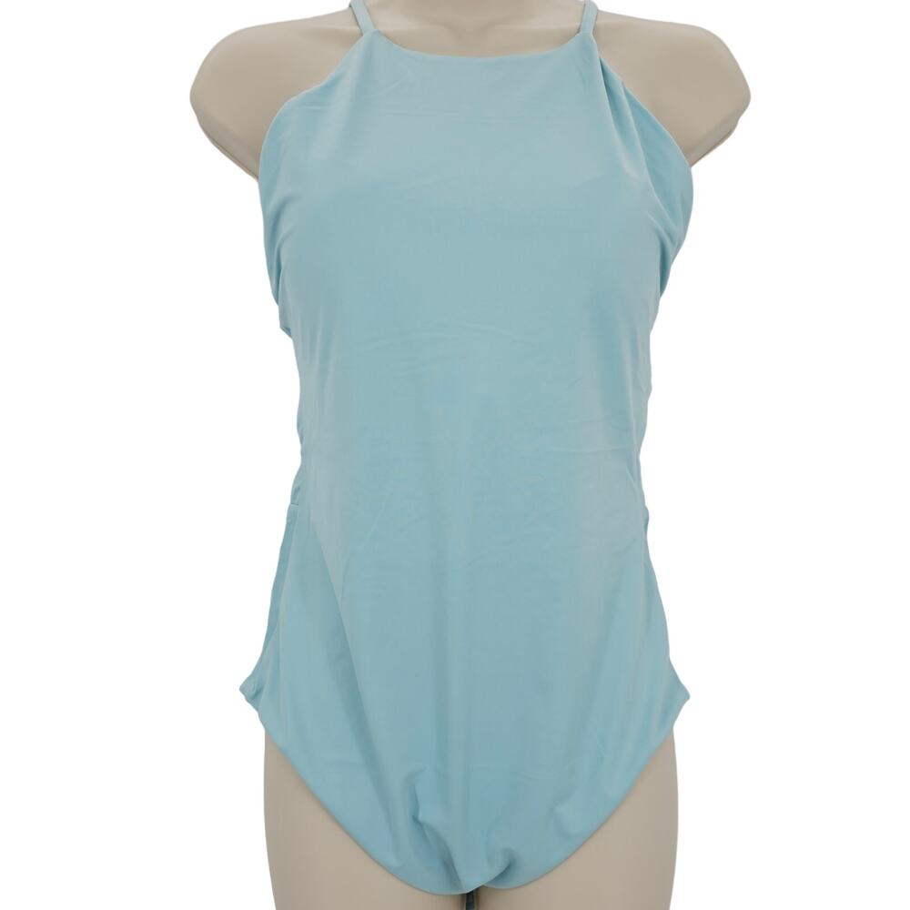 Andie Swim Womans size L The Asbury One Piece Swimsuit in Cablu/Light Blue NEW